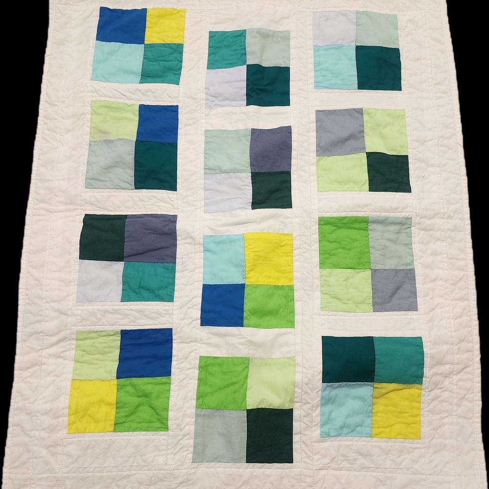 Handmade Patchwork Cotton Quilt in Green, Blue & Yellow 25 X 30